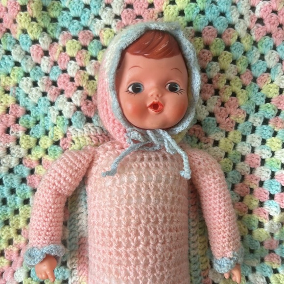 Vintage Crochet Doll with Pastel Patch Blanket Lovey - Picture 2 of 6